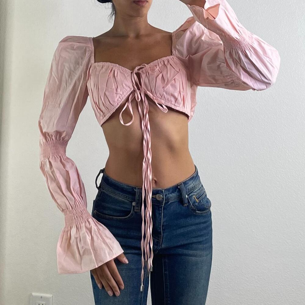 Bubble Sleeves Pink Crop Top